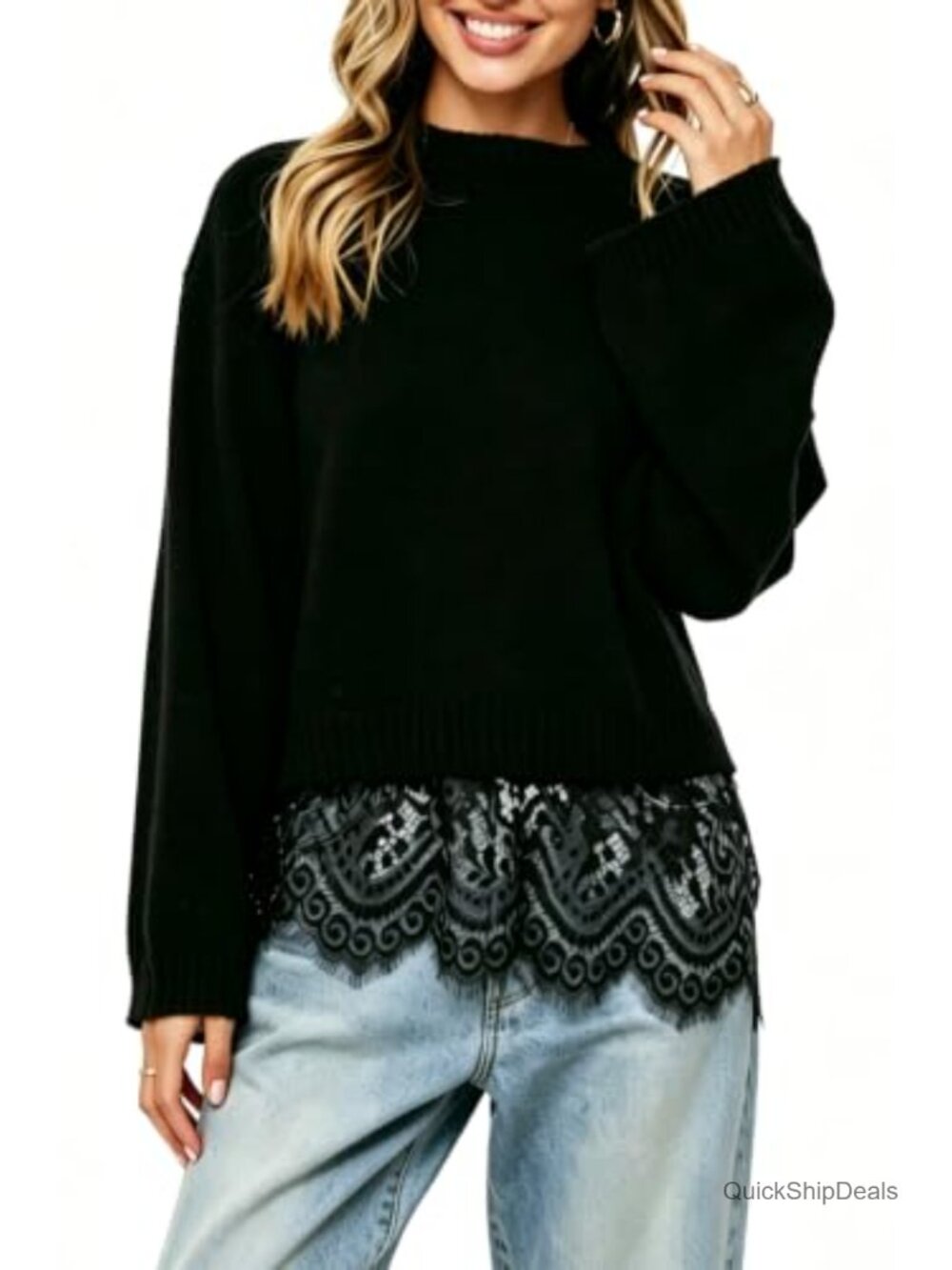 Lace Trim Sweater Pullover Knit Top Mock Neck Bell Sleeve